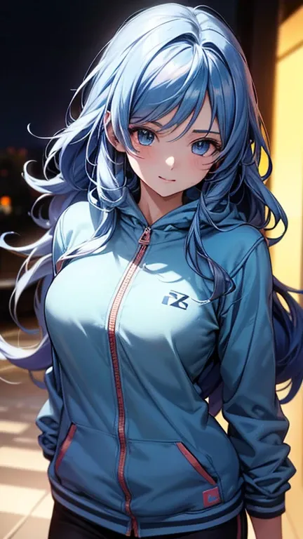 a cool anime 18 years old girl in light blue hoodie, cute smile, long wavy hair, beautiful detailed face, adorable girl, 3:4 body looks, perfect body ratio, front view, look at the camera, perfect background, (best quality,4k,8k,highres,masterpiece:1.2),ul...