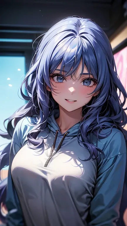 a cool anime 18 years old girl in light blue hoodie, cute smile, long wavy hair, beautiful detailed face, adorable girl, 3:4 body looks, perfect body ratio, front view, look at the camera, perfect background, (best quality,4k,8k,highres,masterpiece:1.2),ul...