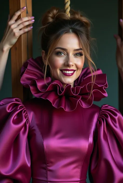 (realistic photograph close up sideways), (a pleased beautiful Caucasian lady with (messy hair bun), she is wearing (an elaborate shiny fuchsia silk high neckline gown with (long gigantic pouf sleeves), (and with an ultra high tight stand-up collar) (with ...