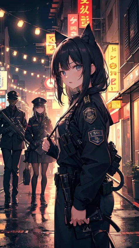 A tense urban night scene in a bustling street filled with glowing neon signs and lanterns. In the foreground, a group of police officers are shown from the bust up, wearing tactical gear including plate carriers and helmets, with one female officer having...