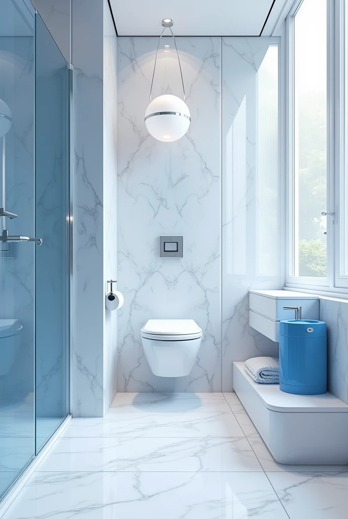 Professional 3d architecture rendering design of modern and minimal and high tech design for elegant and big  toilet  space with  white marble with  white blue lines and  modern white  ball hanging toilet and white face wash and blue closet for under and m...