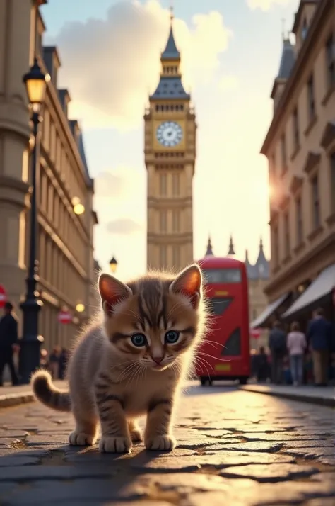 Kitten in London with Big Ben in the background 