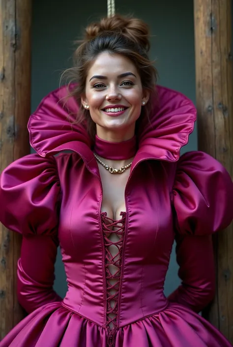 (realistic photograph close up sideways), (a pleased beautiful Caucasian lady with (messy hair bun), she is wearing (an elaborate shiny fuchsia silk high neckline gown with (long gigantic pouf sleeves), (and with an ultra high tight stand-up collar reachin...