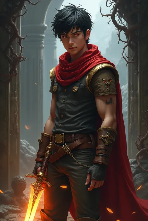 Heres a potential prompt for your book cover:

"Create a cover for a fantasy novel featuring a young adult male protagonist standing heroically in front of a dark, mystical background. Hes dressed in worn, practical clothing and holds a large, ornate dagge...