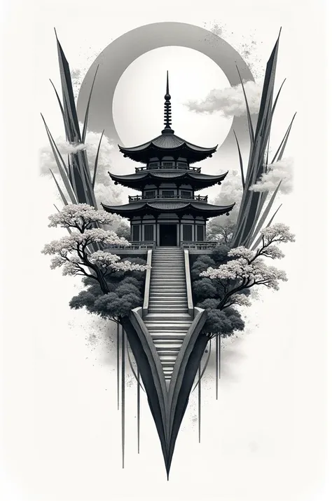 Make me an image of a Sakura temple tattoo in the middle that looks like a razor sharp