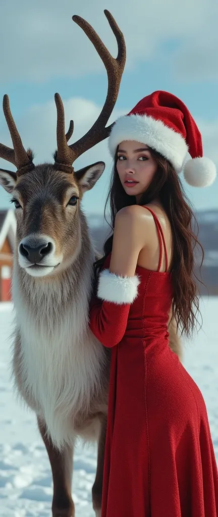 a sexy christmas girl, posing beside reindeer, santa baby, lascivious, sensual, slender, elegant, innocent, pure, snow, north pole, lifesize gingerbread house, elves at work, toys, vast tundra background, detailed face, beautiful eyes, beautiful lips, (ult...