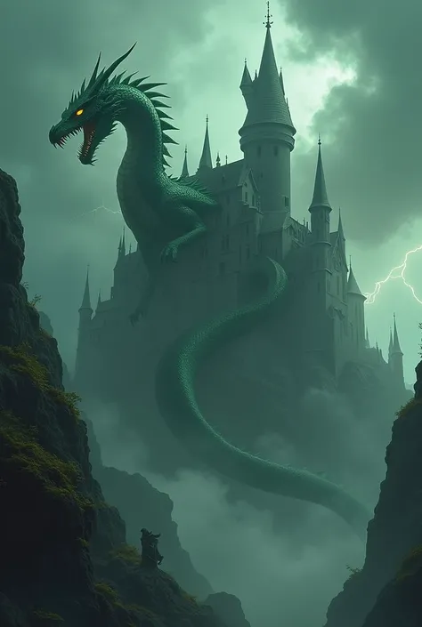 A tall, shadowy tower, shrouded in dark clouds, with a towering dragon with deep green scales flying around it, belching smoke. The dragon has piercing yellow eyes and sharp claws." **Atmosphere:** A sense of danger and mystery, with lightning flashing in ...