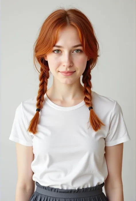 Woman, redhead, twin braids, white tshirt, pleated skirt