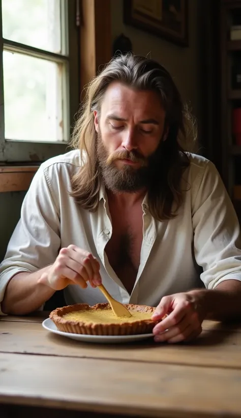 This image shows a man with long hair and a beard, sitting at a rustic table in a warm, natural light setting. He appears to be focused on a baked dish in front of him, possibly a pie or tart, as he uses a wooden utensil to interact with it. He is dressed ...