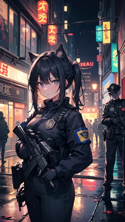 A tense urban night scene in a bustling street filled with glowing neon signs and lanterns. In the foreground, a group of police officers are shown from the bust up, wearing tactical gear including plate carriers and helmets, with one female officer having...