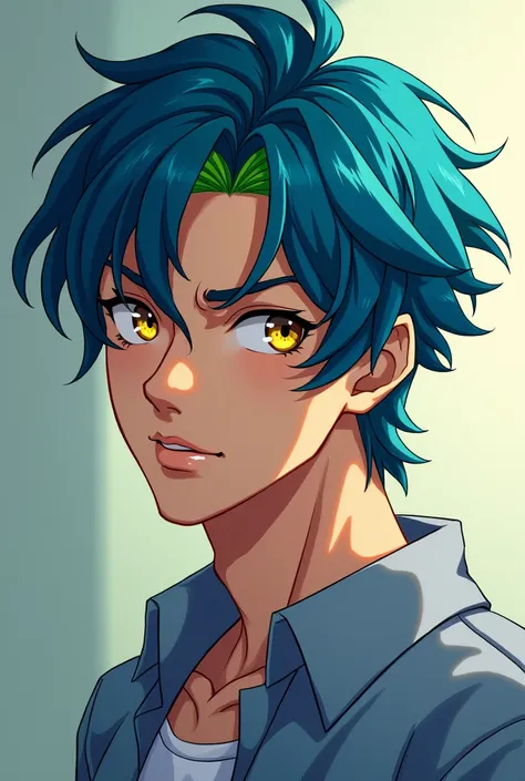 Anime boy no more than  with blue hair and a few green locks and golden eyes separately looking like Izuku Midoriya 