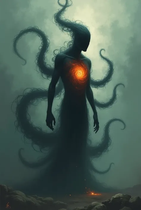 An ethereal and changing being ,  with a barely defined humanoid shape .  His body seems to be made of dark smoke that twists in infinite spirals ,  as if it could never stop .  His face is a black void in the shape of a spiral ,  and he has long and thin ...