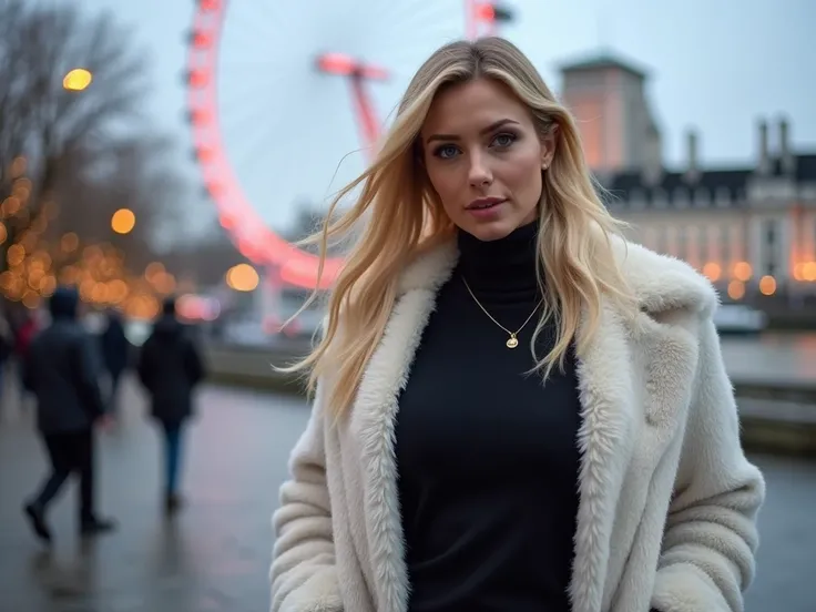   Blonde woman  , Blue eyes, delgado,  curvy and large ,  perfect breasts  , dressed in an elegant black winter sweatshirt, wearing a white fur coat , walking around London .  Behind it the London Eye .  Its in December and London is decorated for Christma...