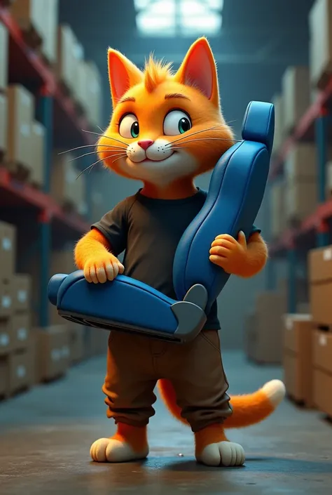 Generate a high quality 3D image:An orange cat wear black t-shirt brown pant and holding a blue car seat in a Warehouse.