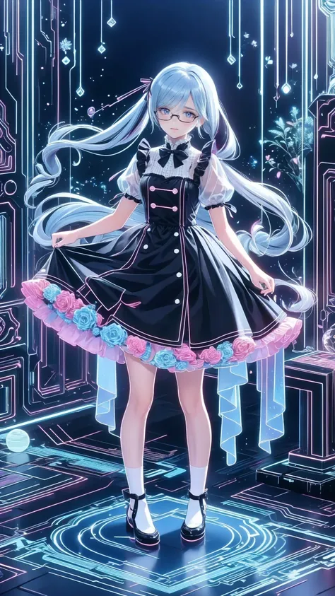 Tokyo ghoul style, woman, 22,  Im wearing 2 pigtails on my long white wavy hair,  light blue bow accessory , white and baby blue  ****Tadres,  covered in blood splashes ,  white knee-high socks ,   wearing 2 pigtails in the long white wavy hair of a toy ra...