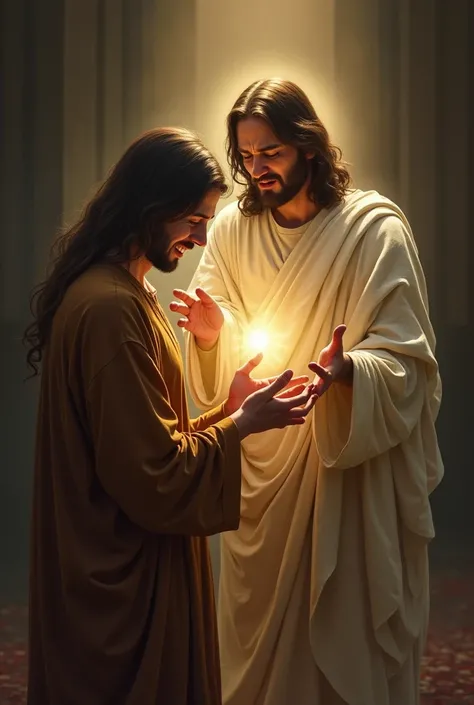 Person places his hands on his right side and places a painful face.  Jesus is behind that person illuminating him with his power and strength, and Jesus extends his hands to the person  