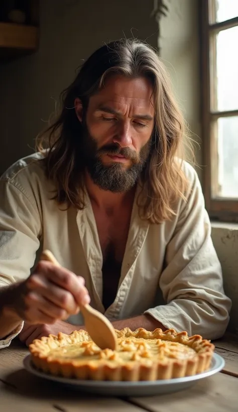 This image shows a man with long hair and a beard, sitting at a rustic table in a warm, natural light setting. He appears to be focused on a baked dish in front of him, possibly a pie or tart, as he uses a wooden utensil to interact with it. He is dressed ...