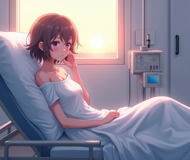   An 18-year-old anime man , To Love Ru,   soft lighting , sitting on a stretcher with medical equipment on the sides ,  is inside a room on the fifth floor of a white hospital with white walls,  there is a small window where you can see how the sun rises ...