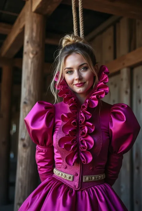 (realistic photograph close up sideways), (a pleased beautiful Caucasian lady with (messy hair bun), she is wearing (an elaborate shiny fuchsia silk high neckline gown with (long gigantic pouf sleeves), (and with an ultra high tight stand-up collar reachin...