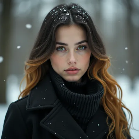  in the style of Tanya Shatseva  {X}, a beautiful dark-haired Russian brunette woman with blond locks wearing an autumn-winter coat, eXtensiones corporales , colorist  , vagos ,  light wave  ,  light wave  ,  Soft mist  , gallant