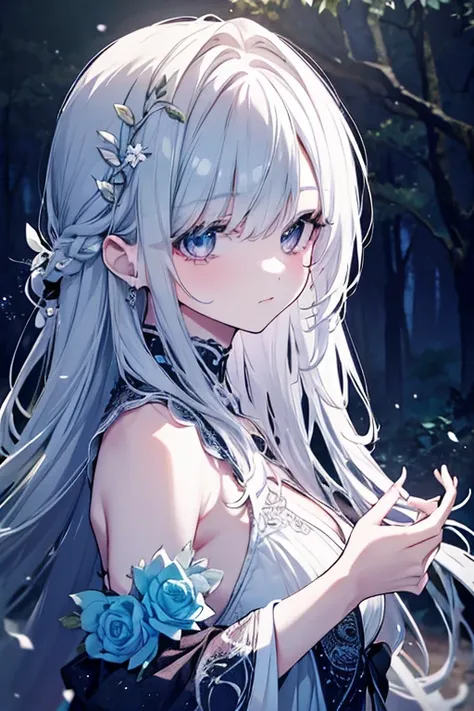 a beautiful girl with long wavy hair,extremely detailed eyes and face,longeyelashes,delicate facial features,elegant expression,wearing a beautiful ornate dress,in a moonlit forest with glowing fireflies,ethereal magical atmosphere,(best quality,4k,8k,high...