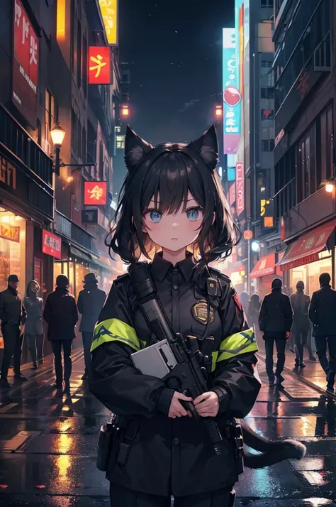 A tense urban night scene in a bustling street filled with glowing neon signs and lanterns. In the foreground, a group of police officers are shown from the bust up, wearing tactical gear including plate carriers and helmets, with one female officer having...