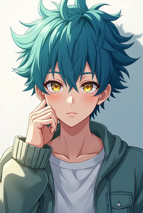 18 year old anime boy with blue hair and some green locks and golden eyes separately looking like Izuku Midoriya and Himari Azuma wearing casual clothes
