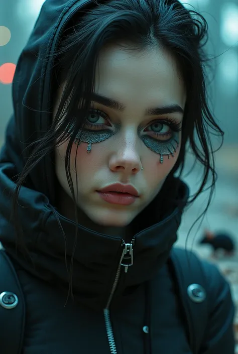 I need an image showing me a woman wearing artistic makeup and special effects inspired by the following themes: inteligencia artificial,  automation , cyberpunk, rats, 