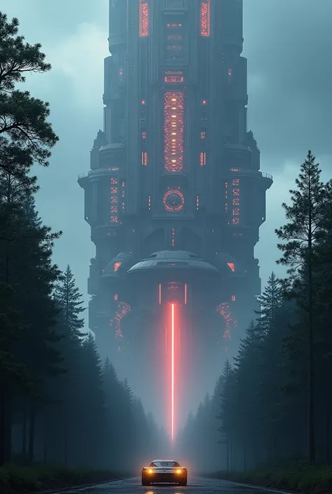 A futuristic sci-fi structure of a massive city location above on a forest(flying). The structure with futuristic design emits light ,a massive sity, sci-fi consept, futuristic structure, massive structure full of lighting,the picture taken in, a flying fu...