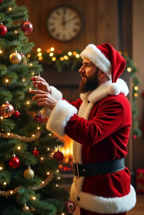 Messi in Santa Claus clothes decorating christmas tree 