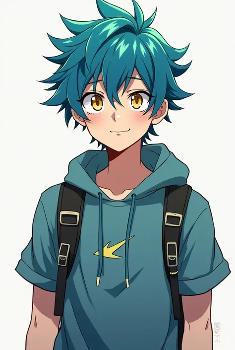 18-year-old anime boy with blue hair and some green locks and golden eyes separately with features of Izuku Midoriya and Himari Azuma wearing casual clothes
