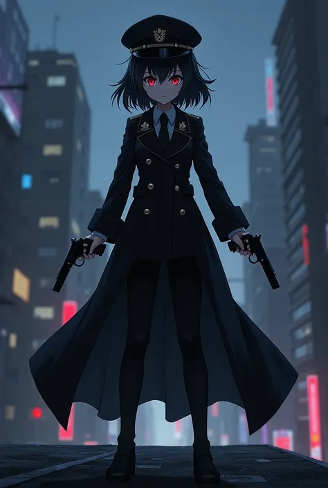 Anime Girl in Black General Uniform, with black trench coat , long hair , red eye,Black General Hat, hold two pistols crossed pose, on Building Roof Top ,night , Dark city,angry face ,anime style