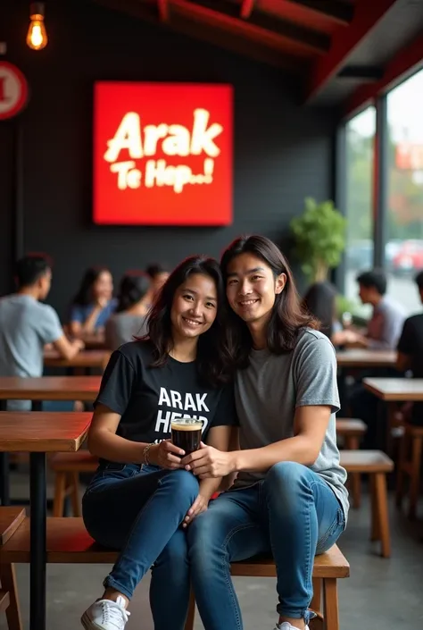 Hyper-realistic detail photo, ultra-HD (negative promft) of a beautiful Indonesian woman with long wavy hair, wearing casual clothes, branded t-shirt, converse shoes, she is sitting with a handsome man, long hair not exceeding her shoulders, gray t-shirt, ...