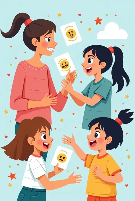 "A vector-style illustration with a like design, showing a group of young ren (around 7-) and a parent or teacher playing emotion-based games. One part of the scene shows a boy making a funny angry face while a girl mirrors his expression for the game Mirr...