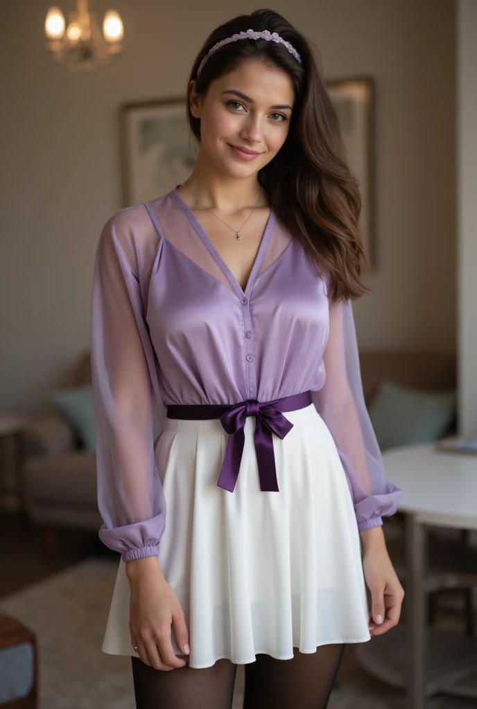 ultra Realistic upper body of a beautiful young bruette German woman with ponytail, headband, Necklace, smile. Beautiful legs and high heels , She stands in the livingroom, She wears a light purple satin top with long transparent tüll sleeves and a tight, ...