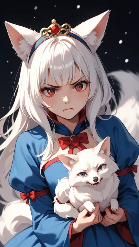  delicate soft painting  、White fox girl 、white hair、   smooth long hair   、 fox ears、    fox fluffy tail    、 ruby eyes 、Squint、cute、（（love）） drumming cheeks 、 They dont give me sweets ， and they are relentless,  angry face 、Cross veins 、:）
（（Snow white b...