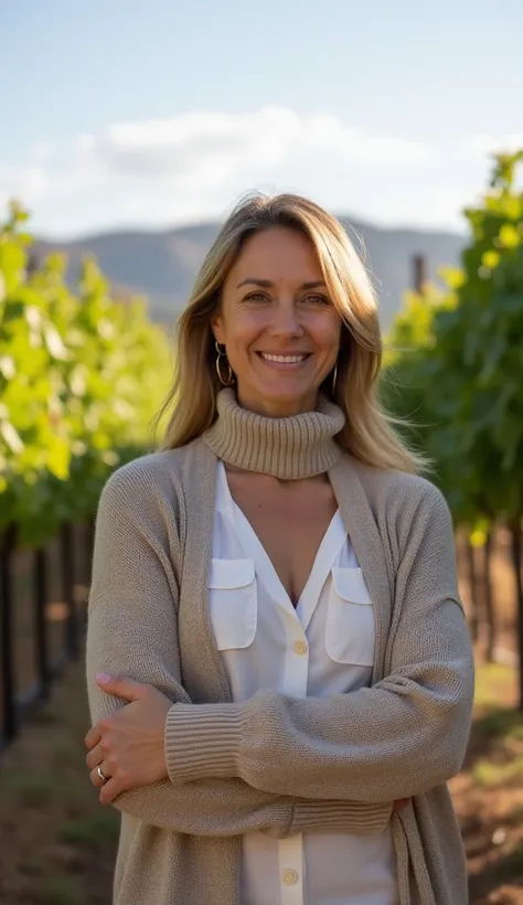 A 36-year-old woman posing near a vineyard, wearing a high-neck cardigan.