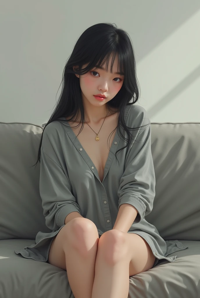 an asian girl sitting on a couch, a grey shirt only