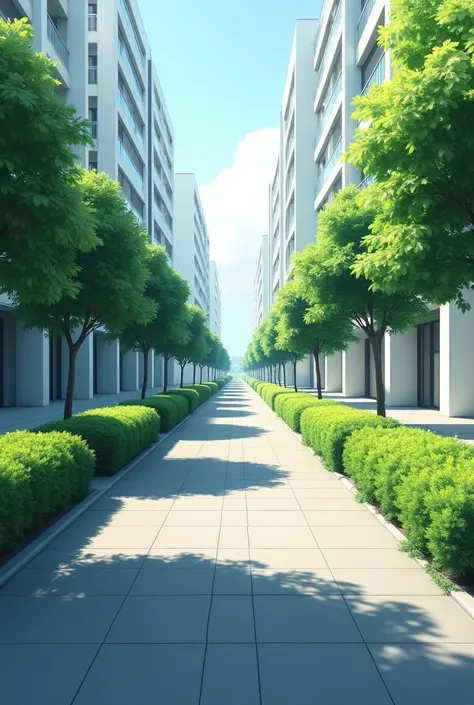 straight road, bushes in the middle, apartment in the pavement