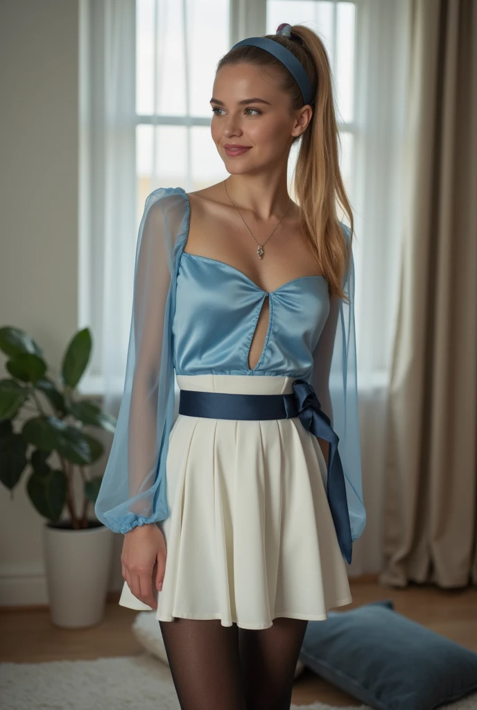 ultra Realistic upper body of a beautiful young blonde German woman with ponytail, headband, Necklace, smile. Beautiful legs and high heels , She stands in the livingroom, She wears a light blue satin top with long transparent tüll sleeves and a tight, whi...