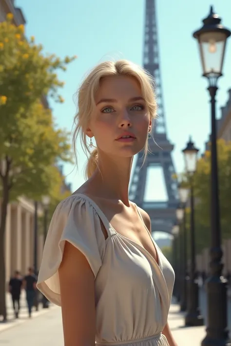 Clear and long ,  of fair skin and serene expression ,  dressed in elegant and modern clothes .  She is standing in a realistic setting of Paris ,  with the Eiffel Tower visible in the background .  The environment must include Parisian streets ,  trees an...