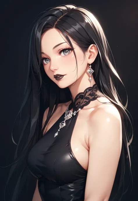 extremely detailed CG, high resolution, best quality, masterpiece, single woman (pale), gray eyes, (beautiful detailed eyes: 1.4), black hair, long hair, black lipstick, medium breasts, black dress, bare shoulders, natural pose, dark background