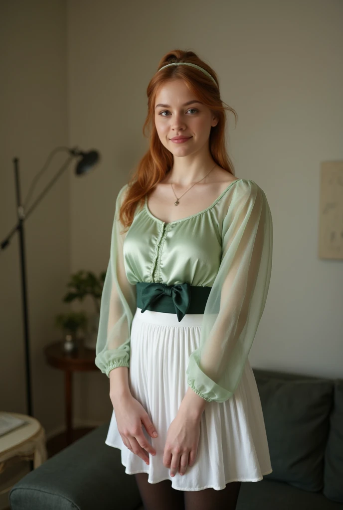 ultra Realistic upper body of a beautiful young red haired German woman with ponytail, headband, Necklace, smile. Beautiful legs and high heels , She stands in the livingroom, She wears a light green satin top with long transparent tüll sleeves and a tight...