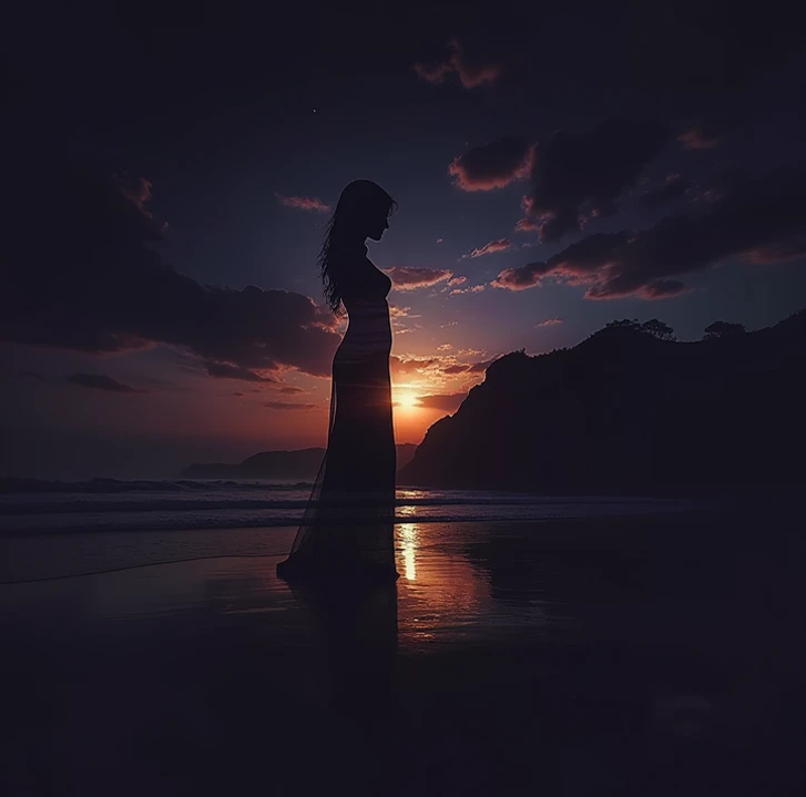 high quality, 8K Ultra HD, A beautiful double exposure that combines an goddess silhouette with sunset coast, sunset coast should serve as the underlying backdrop, with its details incorporated into the goddess , crisp lines, The background is monochrome, ...