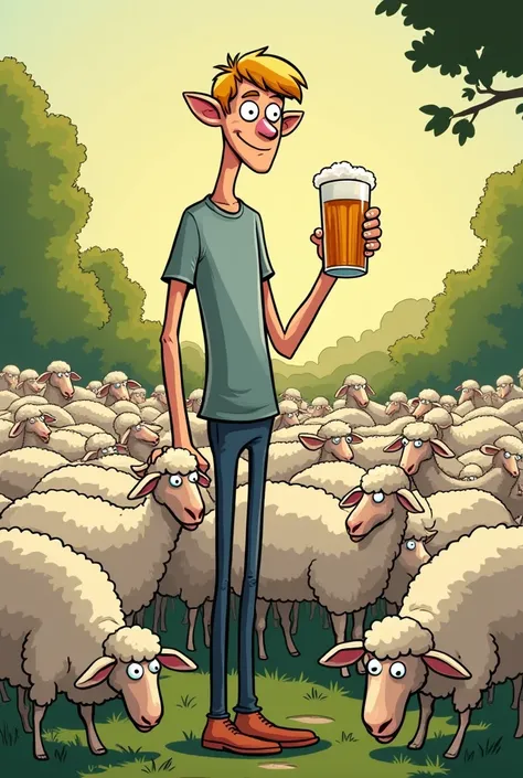 An cartoon of a blond guy standing in an short pants and big legs and is thin with tight shirt and having an sheep in one hand and an beer in another and the background must be sheeps all around in the bush