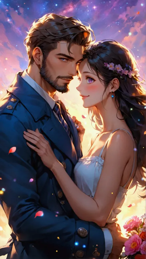 A handsome muscular Caucasian man in his thirties and a charming bright Japanese woman in her twenties are in a romantic relationship. The man has brown crew cut hair, nice beard, while the woman has long silky black hair. The man is wearing  a blue jacket...