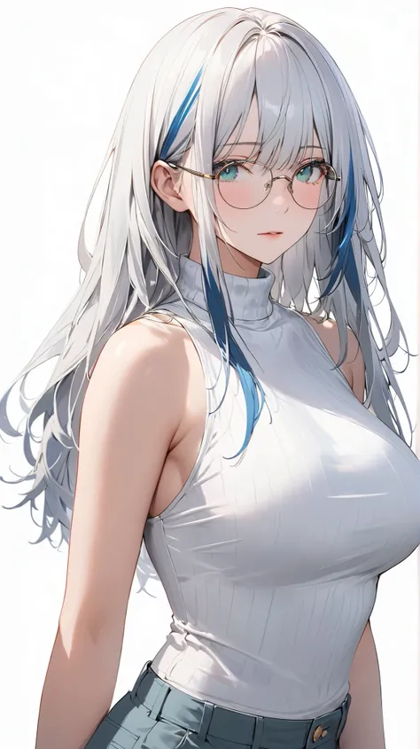 face details,semi realistic, Masterpiece, Master work, perfect , 4k, 1woman, full body display, adult woman, mature body, big breast breasts, straight shoulder-length hair, flat bangs hair style, white hair, white colored hair, (((blue-streaked white hair)...