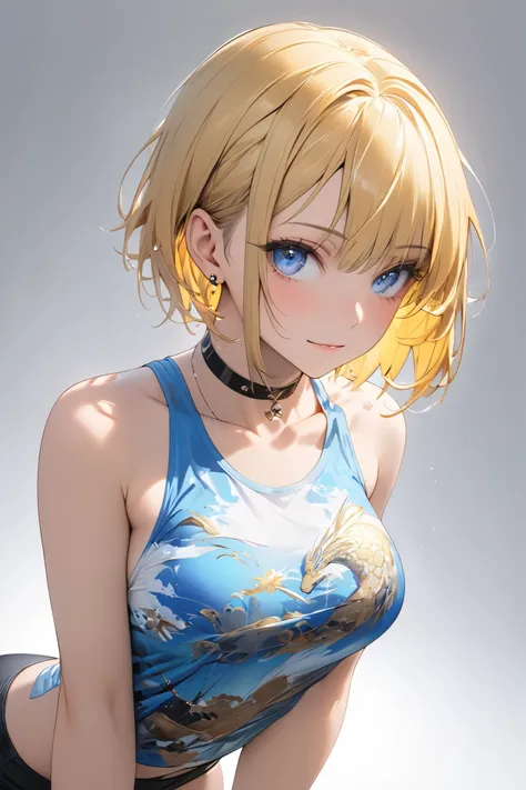 full body display,semi realistic, Masterpiece, Master work, perfect , 4k, 1woman, medium size breast, short hair, middle parted hair style, yellow colored hair, bright blue eyes, cool expression face, choker,wearing printed t-shirt, sideboob, sleeveless, c...