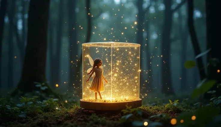 In the heart of the dark, enchanted forest, the glass box glimmers faintly, trapping the tiny fairy within. Suddenly, a surge of radiant magic lights up the shadows. The Fairy Godmother steps forward, her wand glowing with otherworldly power. With a gracef...