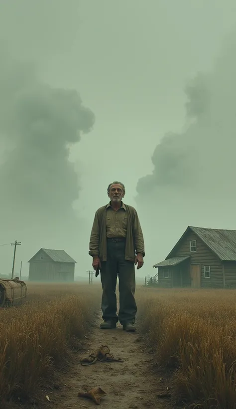 The farmer’s house, fields, and possessions disappearing one by one as he stands in shock and despair.